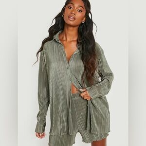 Army Green Pleated Coord Set Button Up and Shorts